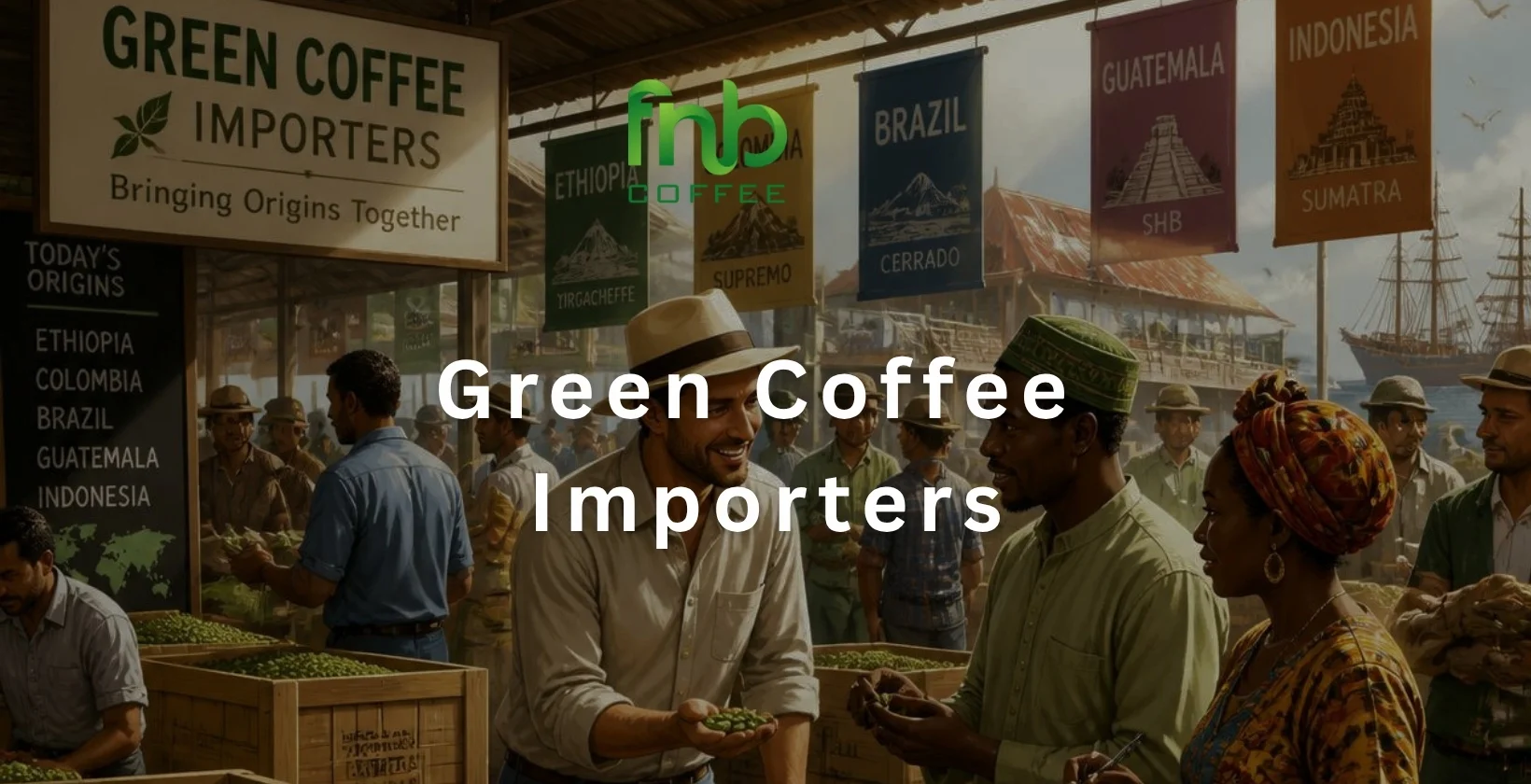 Burlap sacks of green coffee beans stacked in an importer warehouse
